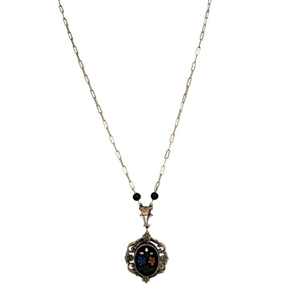 Vintage Art Deco Pietra Dura Style Pendant Necklace (A4506)